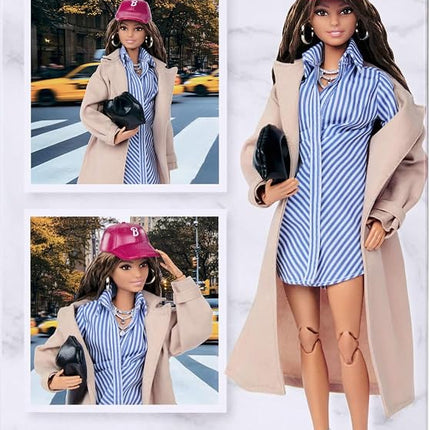 Barbie Signature Collectible @Barbiestyle Fashion Doll, Fashion Week Doll New York Street Style Clothes with Blue Dress, Brown Coat and Accessories