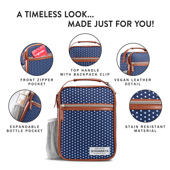 Foundry by Fit + Fresh, bolsa de almuerzo térmica Thayer con 2 recipientes para alimentos, fiambrera reutilizable para niños y bolsa térmica pequeña y suave, perfecta para la escuela, pícnics y más, puntos azul marino y blancos