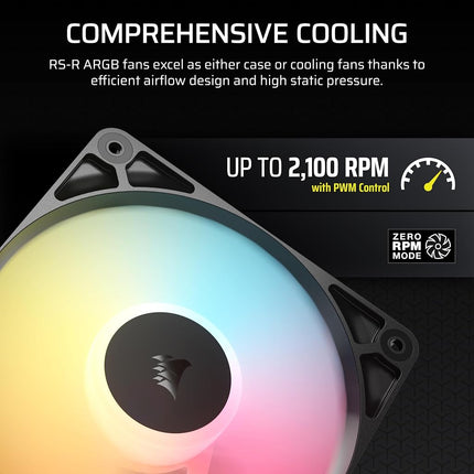CORSAIR RS120-R ARGB 120mm PWM Reverse Flow Fan - +5V ARGB Connections, 8 RGB LED, High Pressure, Daisy Chain, Magnetic Bearing, Zero RPM, Pack of 3 - Black