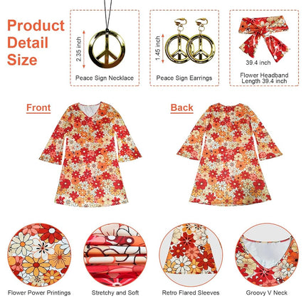 MRYUWB 70s Hippie Dress Costumes Necklace Earrings Sunglass Women Disco Outfit, 60s Party Costume, Halloween Retro Dresses, Flower Power Orange, XX-Large