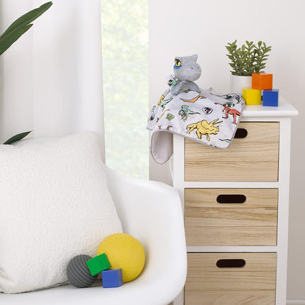 NoJo Welcome to The Universe Baby Jurassic World Grey, Green, Orange and Yellow, Grey Plush Dinosaur Raptor Security Baby Blanket