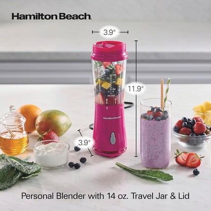 Hamilton Beach Personal Blender for Smoothies & Protein Shakes, Portable Single Serve Blender with Travel Lid, 14 oz BPA-Free Jar, 175W, Compact Countertop Blender, Raspberry, 51131G