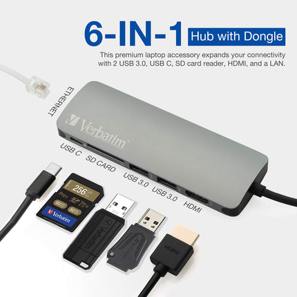 Verbatim 6-in-1 USB C Hub w/Dongle - USB Hub for Laptop w/ 2 USB 3.0, SD Card Reader, 4K HDMI, Ethernet, Compact & Portable USB-C Hub