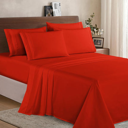 Elegant Comfort Luxury Soft 1500 Premium Hotel Quality Microfiber Wrinkle and Fade Resistant Cozy 6-Piece Bedding Set, Easy All Around Elastic Fitted Sheet, Deep Pocket, Queen, Red