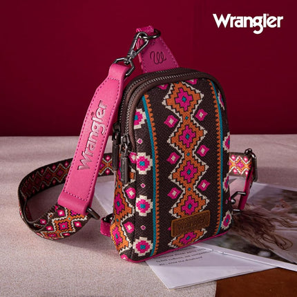 Wrangler Aztec Sling Bag Southwest Crossbody Bags Trendy Chest Bag, Hot Pink