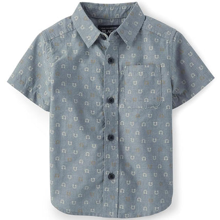 The Children's Place Boys' and Toddler Poplin Short Sleeve Button Down Shirt, Federal Blue, 5T