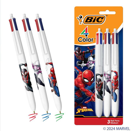 BIC Marvel Spider-Man Theme Retractable Ballpoint Pens, 4 Colours - Multi Purpose Medium Point - Assorted Ink - 3 Pack