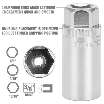OEMTOOLS 22891 3/8 Drive Magnetic Spark Plug Socket Set, Contains 5/8" (16 mm), 9/16", and 13/16" 6 Point Deep Sockets, Fits Most Car Spark Plugs