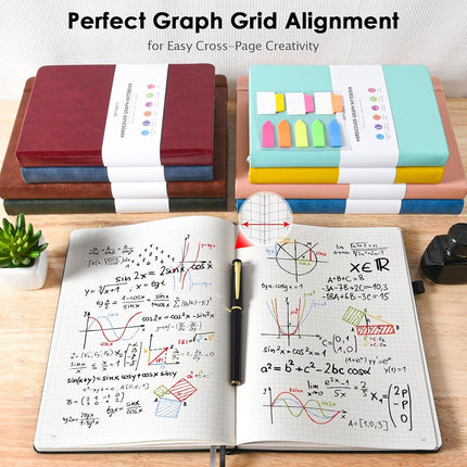 OFFIGIFT Graph Paper Notebook, 312 Numbered Pages B5 Hardcover Leather Journal, 100gsm No Bleed Grid Paper Notebook with Index Pages, Grid Notebook for Graphing Notes Math, 7.6'' X 10'', Black