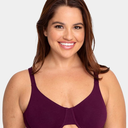 Fruit of The Loom Women's Unlined Underwire Bra - Cotton & Spandex Blend for Natural Shape and Flexibility, Purple Velvet/Blushing/Black, 42D