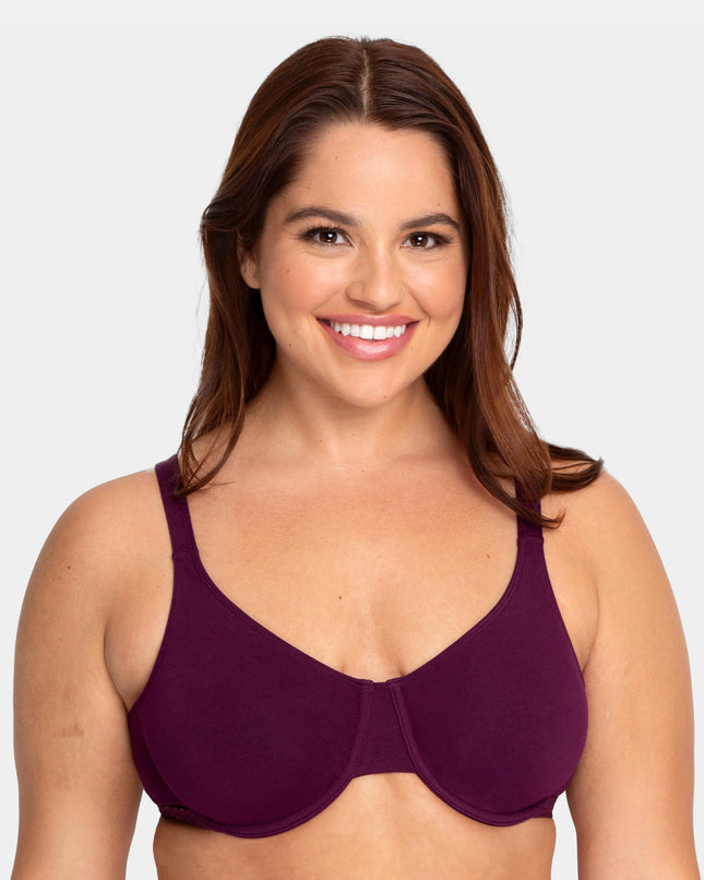 Fruit of The Loom Women's Unlined Underwire Bra - Cotton & Spandex Blend for Natural Shape and Flexibility, Purple Velvet/Blushing/Black, 42D