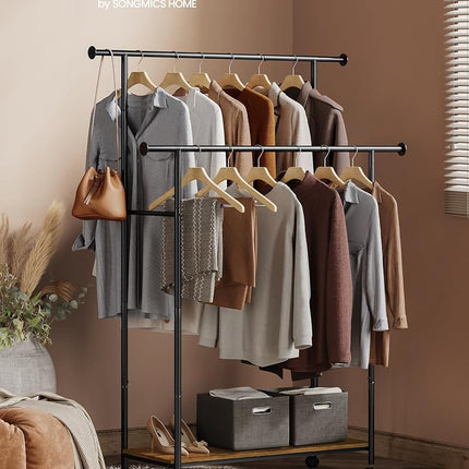 SONGMICS Clothes Rack with Wheels, Double-Rod Clothing Rack for Hanging Clothes, 38.8 Inches Garment Rack with Shelf, Loads up to 220 lb, for Bedroom, Closet, Rustic Brown and Ink Black UHSR152B01