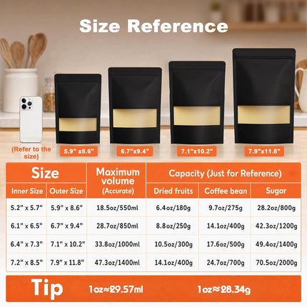 FireKylin 100 Pcs Resealable bags,7.1" x 10.2" Stand Up Black Kraft Paper Bags with Matte Window, Zip Lock Food Storage Bags for Packaging Products, Reusable, Sealable