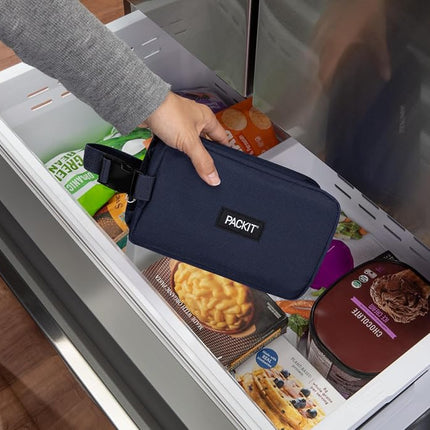 PackIt Freezable Dual Compartment Snack Box, Midnight Navy, Insulated and Freezable with ECOFREEZE Technology, Buckle Handle, Zip Closure, Reusable, Collapsible, Designed for Perishables and Dry Snack