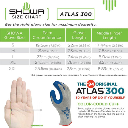 SHOWA Atlas 300 Original 1994 Crinkle Grip Work Gloves, Natural Latex Palm, Heavy Duty 10-Gauge for Construction, Landscaping, Gardening, & Masonry, Blue, X-Large, 12-Pack
