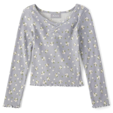 The Children's Place Girls' Basic Long Sleeve V-Neck Knit Shirts, Grey Floral, XX-Large