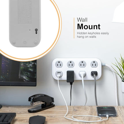 GE 7-Outlet Surge Protector Power Strip with USB, 2 USB-A, 4 Ft Braided Cord, Multi Plug Outlet Extender, Flat Plug, Charging Station, 2.4A, 1470 Joules, White/Gray, 81780