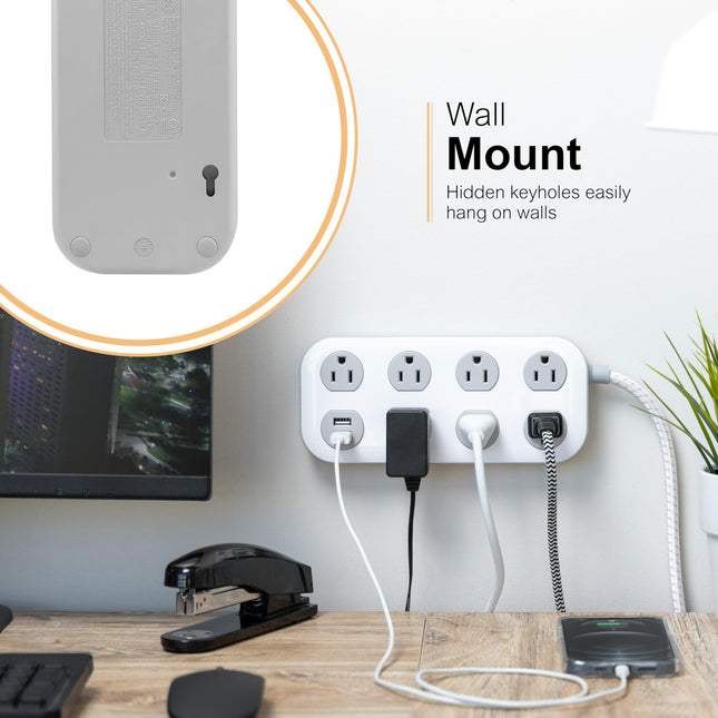 Regleta de protección contra sobretensiones GE de 7 tomas con USB, 2 USB-A, cable trenzado de 1,2 m, extensor de toma de corriente múltiple, enchufe plano, estación de carga, 2,4 A, 1470 julios, blanco/gris, 81780