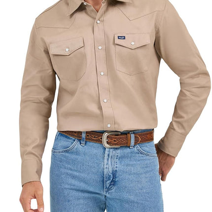 Wrangler Men's Cowboy Cut Western Long Sleeve Snap Work Shirt Firm Finish Shirt, Khaki, L