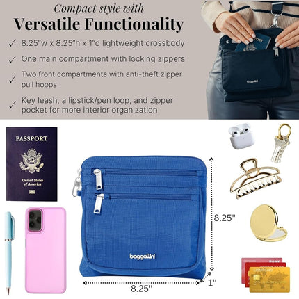 Baggallini Securtex Anti-Theft Crossbody 8.25" Small / 10" Large Travel Purse with RFID Card Slots & Cut-Resistant Strap, Lapis, Small 8.25"w x 8.25"h