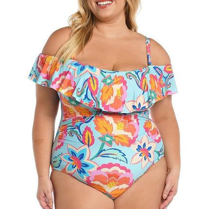 Traje de baño de una pieza con volantes y hombros descubiertos para mujer La Blanca, Multicolor//Breezy Beauty, 24 Plus