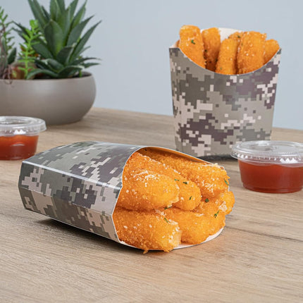 Bio Tek 4.5 x 3.2 x 3.9 Inch French Fry Cup, 100 Disposable Snack Cups - Stackable, Sustainable, Camouflage Paper 3 Ounce Fry Holder, for Fries, Onion Rings, Popcorn, or Cookies - Restaurantware