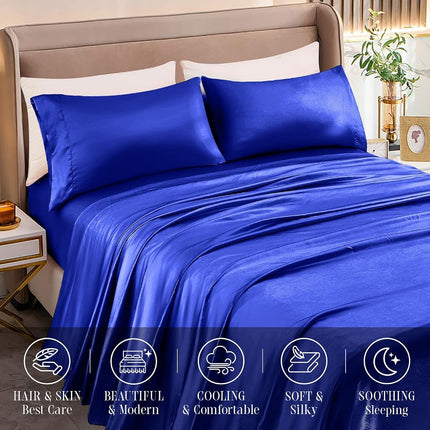 Elegant Comfort Luxurious 4-Piece Silky Satin Sheet Set, Skin and Hair Friendly, Wrinkle, Fade, Stain Resistant with Deep Pockets Fitted Sheet, Cooling Soft Satin Sheet Set, Twin, Royal Blue