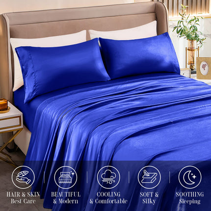 Elegant Comfort Luxurious 4-Piece Silky Satin Sheet Set, Skin and Hair Friendly, Wrinkle, Fade, Stain Resistant with Deep Pockets Fitted Sheet, Cooling Soft Satin Sheet Set, Twin, Royal Blue