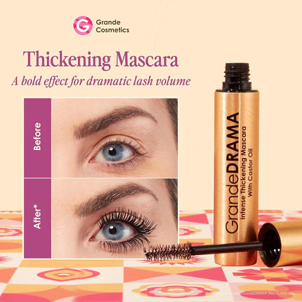 Grande Cosmetics GrandeDRAMA Intense Thickening Mascara with Castor Oil, Volumizing, Conditioning, Buildable Formula