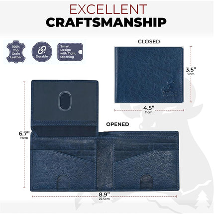 RFID Bifold Leather Wallet for Men with Flip Up ID in Vintage Buffalo Brown, Power Blue - Wild Buffalo Blue, Classic