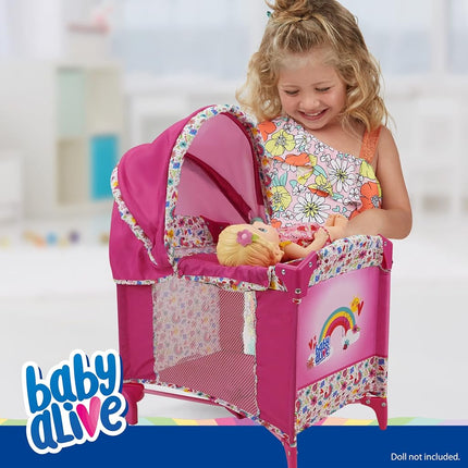 509 Crew Baby Alive: Deluxe Doll Play Yard - Pink & Rainbow - Fits Dolls Up to 18", Retractable Canopy, Easy Maneuvering, Folds for Travel & Storage, Pretend Play for Kids Ages 3+