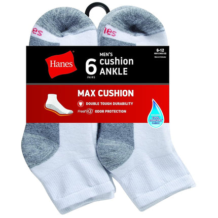 Hanes Men's Max Cushioned Ankle Socks, Moisture-Wicking with Odor Control, Multi-Pack, White/Grey-6 Pack, 4.5-12 UK (Pack of 6)