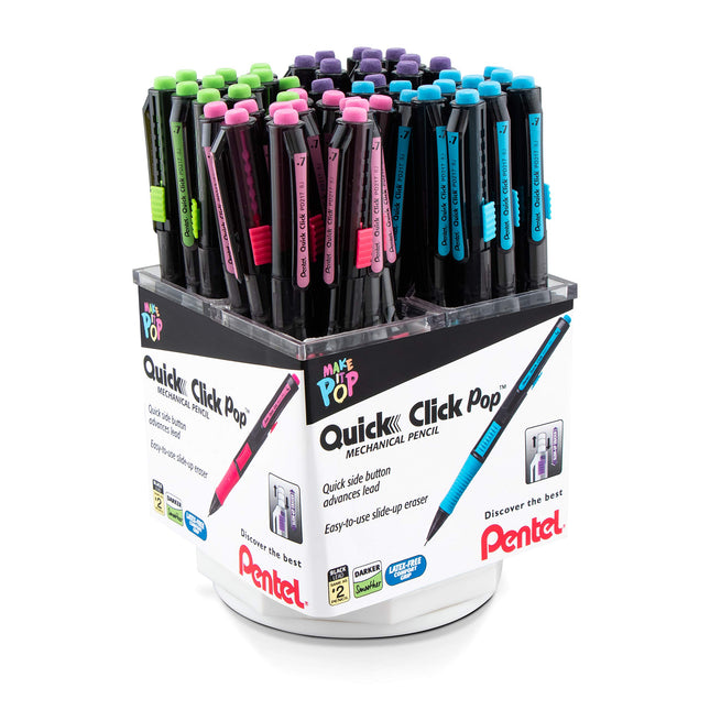 Pentel Quick Click Pop Mechanical Pencil, (0.7mm) Med. Line, Assorted Barrels, Spinner Display - 42 Pieces (PD217A-4)