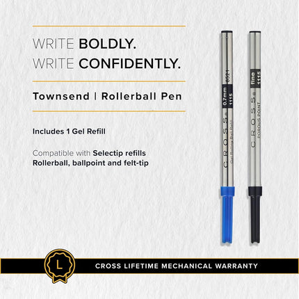 Cross Townsend Refillable Click-Off Cap Lacquer Rollerball Pen with 23 Carat Gold-Plated Appointments, Fine Ballpoint, includes Premium Gift Box and Black Gel Ink Cartridge, 1 Pack, Black