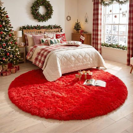 Amdrebio Red Round Rug - Fluffy Circle Carpet, 5'X5', Plush for Bedroom, Kids, Teen Girls, Nursery, Dorm, Baby Room Decor