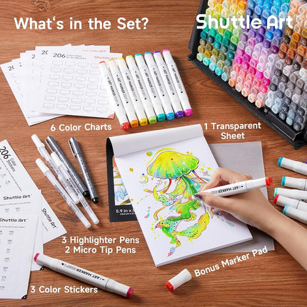 Shuttle Art Alcohol Markers, 204 Colours Dual Tip Art Markers Plus2 Colourless Blender, Felt Tip Colouring Pens with Case for Artist Adult Illustration Colouring Sketching Highlighting and Card Making