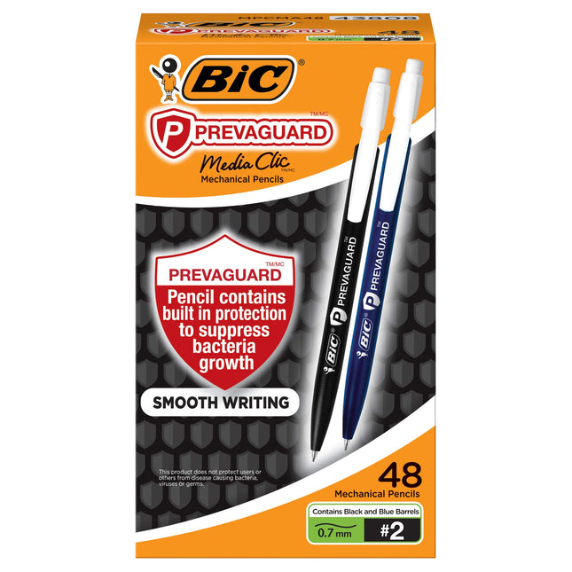 Crayon mécanique BIC PrevaGuard Media Clic nº 2, pointe moyenne (0,7 mm), paquet de 48, écriture douce, protection intégrée sur le crayon