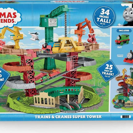 Thomas & Friends Multi-Level Track Set Trains & Cranes Super Tower with Thomas & Percy Engines plus Harold for Preschool Kids Ages 3+ Years, GXH09