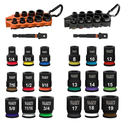 Klein Tools Grab-and-Go 80207 Impact Socket Set SAE and Metric 20 Pieces with Sleeves, Carabs, 3/8 Inch Drive, Colour Coded, 1/4-Inch to 3/4-Inch Sockets, 8 mm Sockets