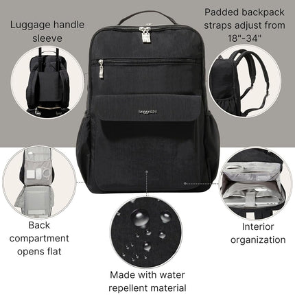 Baggallini Mochila de diario para mujer - Mochila de viaje ligera de nailon resistente al agua de 11 x 15.5 pulgadas con funda acolchada para portátil y RFID, color negro, talla única, mochila de diario para portátil - 11 x 15.5 pulgadas, ligera