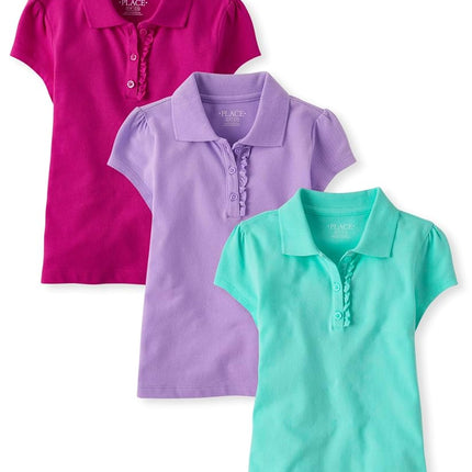 Lot de 3 polos piqués à manches courtes et volants pour filles The Children's Place, couleurs Seafrost/Aurora Pink/Violet, taille Large