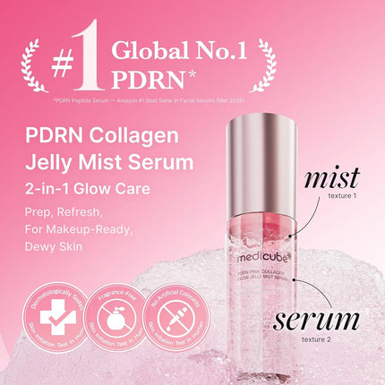 medicube PDRN Pink Collagen Glow Jelly Mist Serum | Lightweight Daily 2-in-1 Facial Mist & Serum | Hydrating & Firming with Collagen Water & PDRN | 3.38 fl.oz