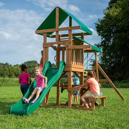 Backyard Discovery Belmont Cedar Swing Set | 2.4m Slide & Rock Wall