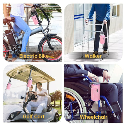 GEARV 2Pack Cup Holder for Bike, Scooter and Wheelchair, Water Bottle Holder for UTV/ATV, Walker, Golf Cart and Beach, Universal Drink Holder Accessories with Net Pocket and Cord Lock (Pink)