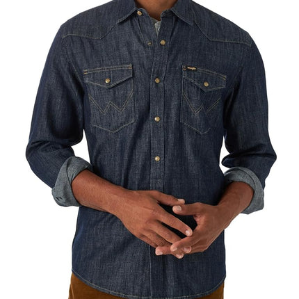 Wrangler Men's Iconic Regular Fit Snap Shirt Button, Rinse Denim, S
