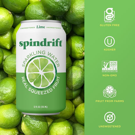 Spindrift Sparkling Water, Lime Flavored, Made with Real Squeezed Fruit, 12 Fl Oz Cans, Pack of 24 (Only 4 Calories per Can)