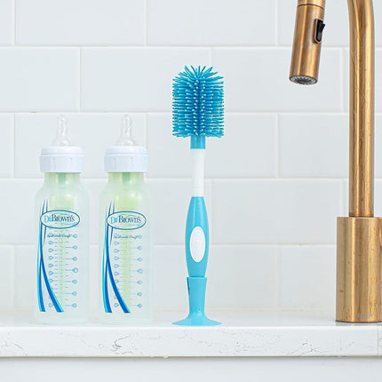 Dr. Brown's Soft Touch Bottle Brush with Nipple Cleaner (Blue) - BPA Free, Dishwasher Safe, Suction Cup Base