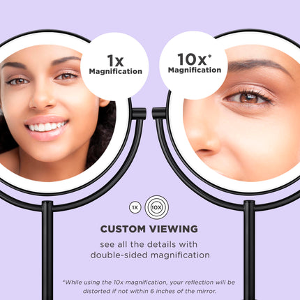 Espejo de Maquillaje Iluminado Conair, Espejo de Tocador LED de Doble Cara con Aumento 1X/10X, 3 Ajustes de Luz, 3 Modos, Rotación de 360°, Acabado Negro Mate
