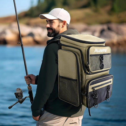PLUSINNO Fishing Backpack with Rod Holders, 42L Large Water-Resistant Fishing Tackle Bag Store Fishing Gear for Fishing, Camping, Hiking, Fishing Gifts for Men Father, Khaki