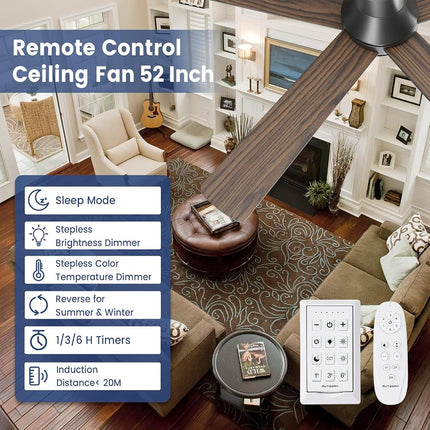 Autoday 52 Inch Ceiling Fans with Lights and Remote - Black Flush Mount Ceiling Fan with Light Low Profile, 6 Speeds, Quiet DC, 3CCT Dimmable, Indoor Outdoor Ceiling Fans for Patios Bedroom